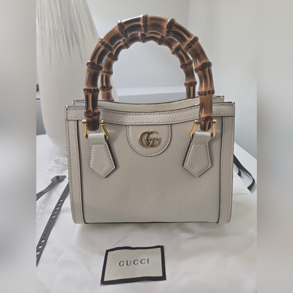 Gucci Mini Diana Tote Bag With Bamboo Handle, White Leather, Authentic